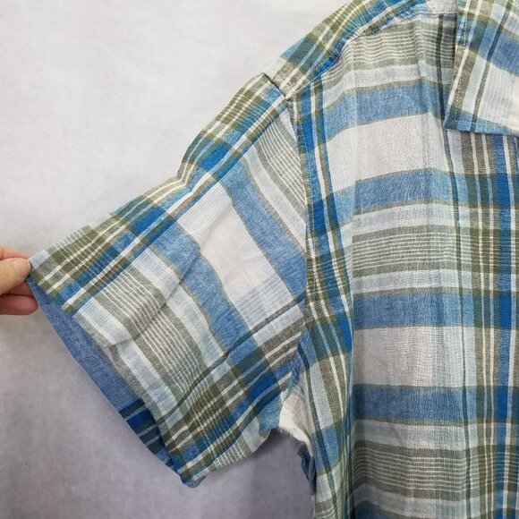 Eddie Bauer Camp Shirt Men's XXL Plaid Short Sleeve Button Up Blue Linen Cotton - Picture 4 of 16
